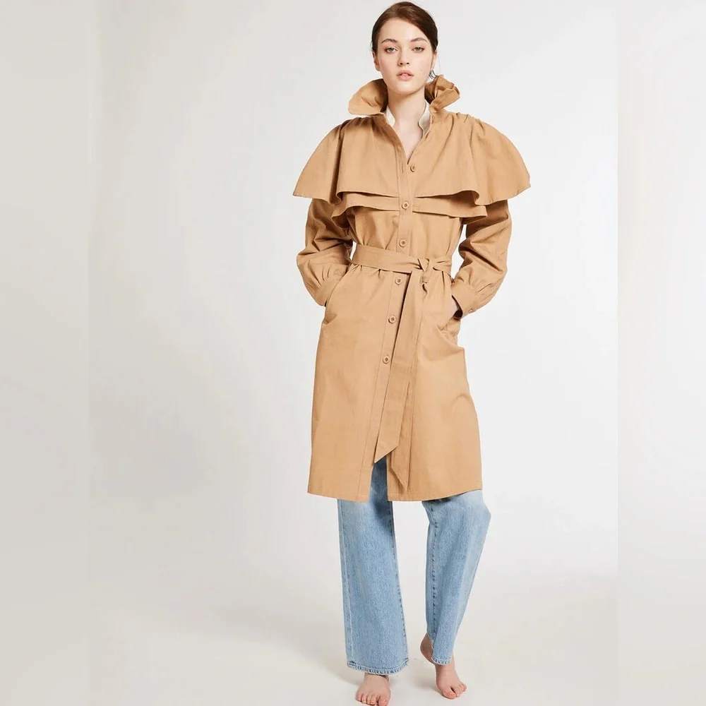 Women’s Camel Trench Coat with Ruffle Cape Detail - Picture 15 of 16